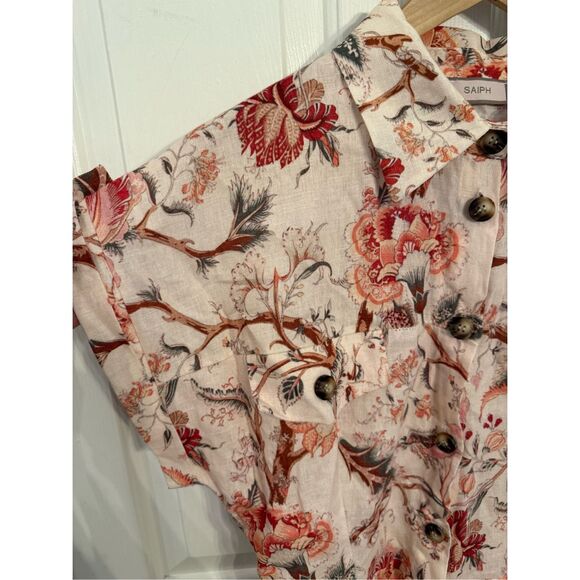 Saiph Lab Italy Beige & Rose Asian Inspired Linen Button Up Romper sz M EUC - Picture 3 of 9